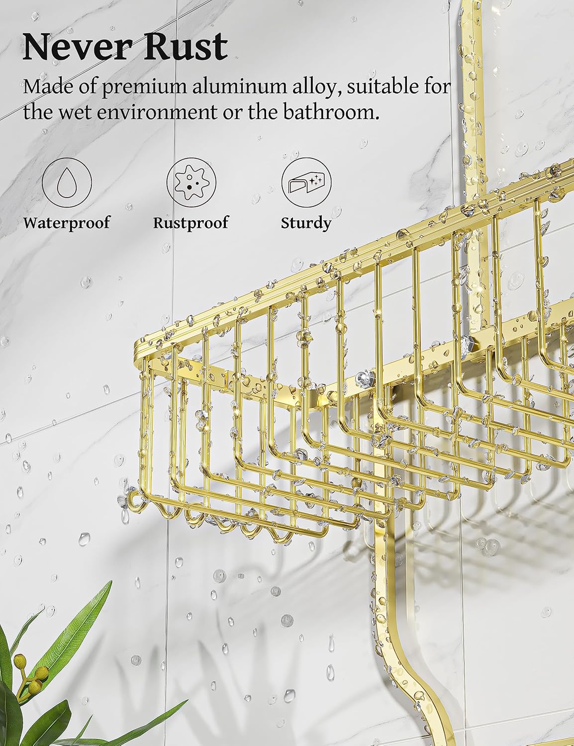 YASONIC Shower Caddy Over Shower Head Never Rust Aluminum Large Hanging Shower Caddy with 10 Hooks for Razor/Sponge - Over The Shower Head Caddy with Soap Basket - Hanging Shower Organizer Gold