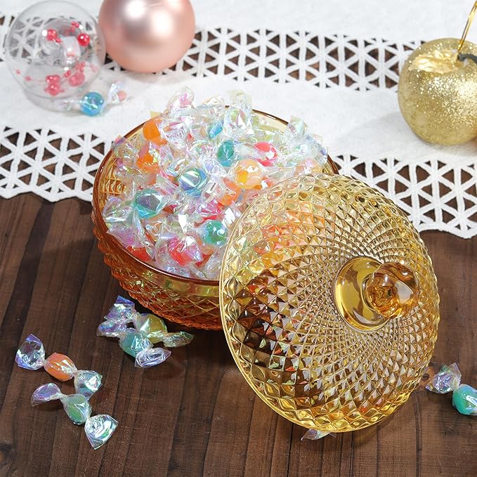 Joeyan 12 oz Small Amber Glass Jars with Lid,Embossed Glass Candy Dishes,Diamond Faceted Food Container,Decorative Jewelry Box Apothecary Canisters,Colored Kitchen Bathroom Buffet Storage Organizer