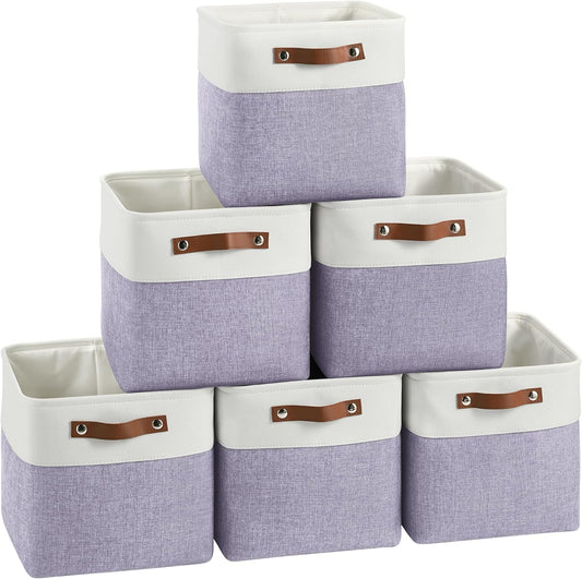 Cube Storage Baskets 6 Pack, 11x11 inch Foldable Cube Storage Bins with Leather Handles for Shelf Closet Nursery Toys (White/ Purple)