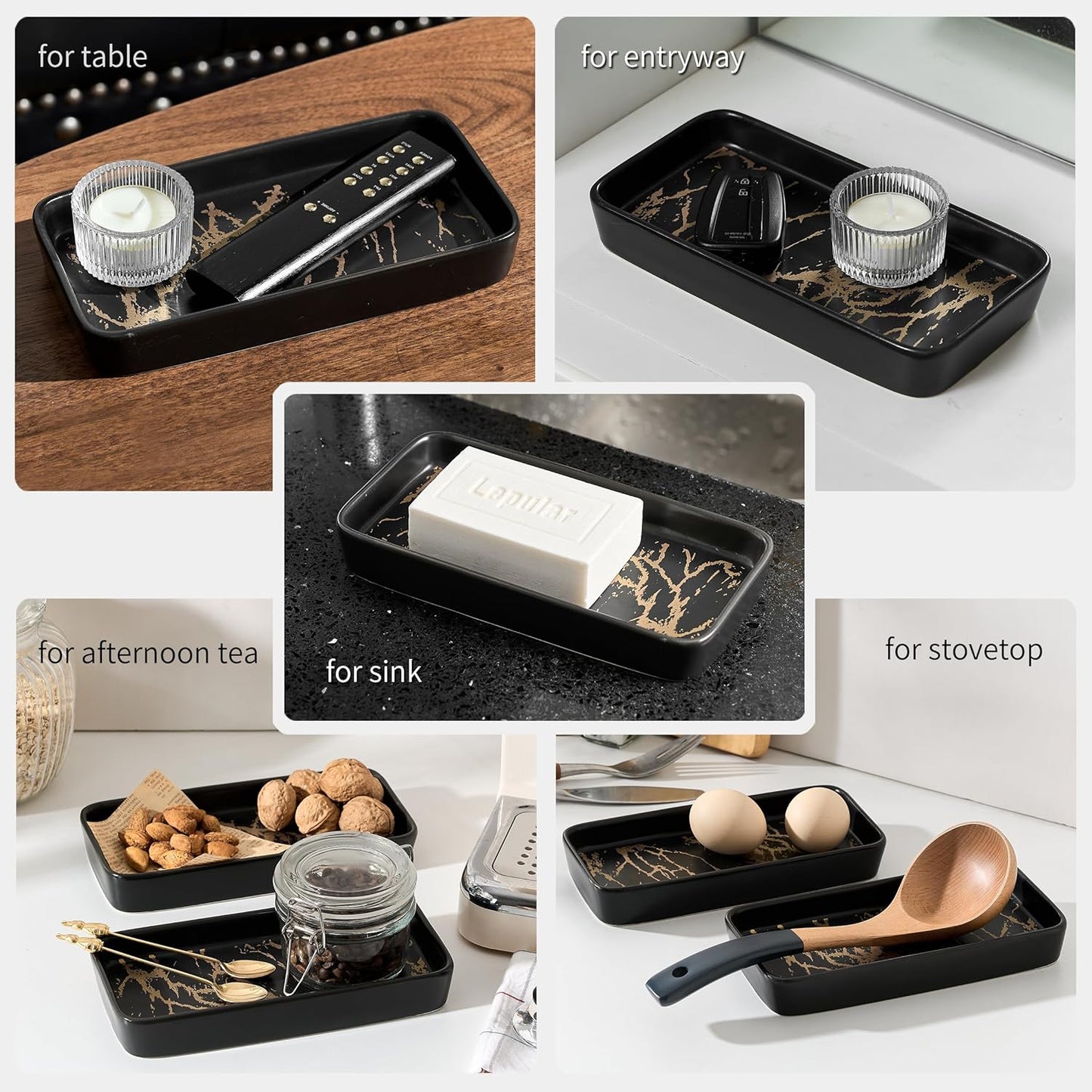 Bathroom Vanity Tray for Countertop,2PC Rectangle Marble Tray Set,Decorative Bathroom Organizer for Scrubber, Lotion Bottles, Perfume, Jewelry, Candle, Key Trinket Ring（Small,Black）