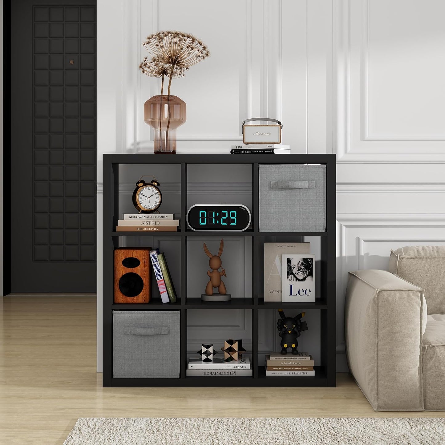 Bookshelf with Storage Bins, 9-Cube Storage Organizer Sturdy Wooden Bookcase Open Book Shelf, Multifunctional Cubicle Rack for Storage & Display, Furniture for Living Room Bedroom Office, Black