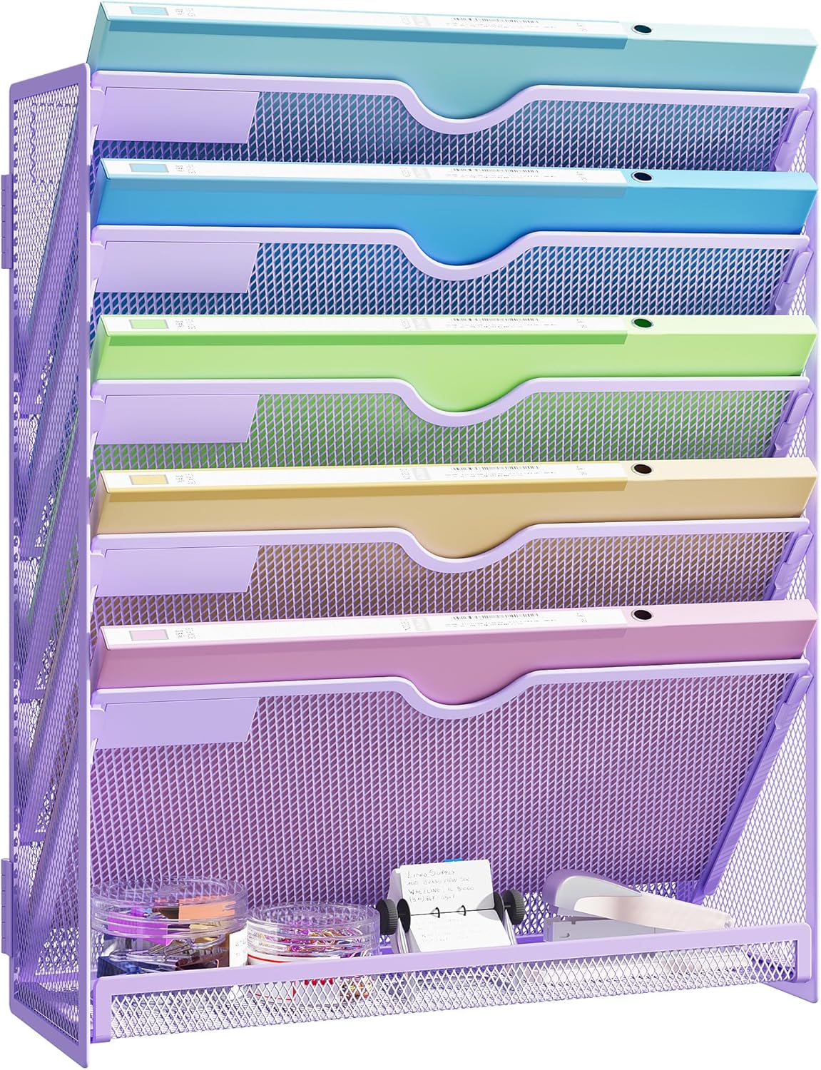 Hanging Wall File Organizer for Wall Mounted Mail Paper Folder Holder Document Organization Stand Desk File Organizer Tray for Office & Home Cubicle Countertop 6 Tier Purple