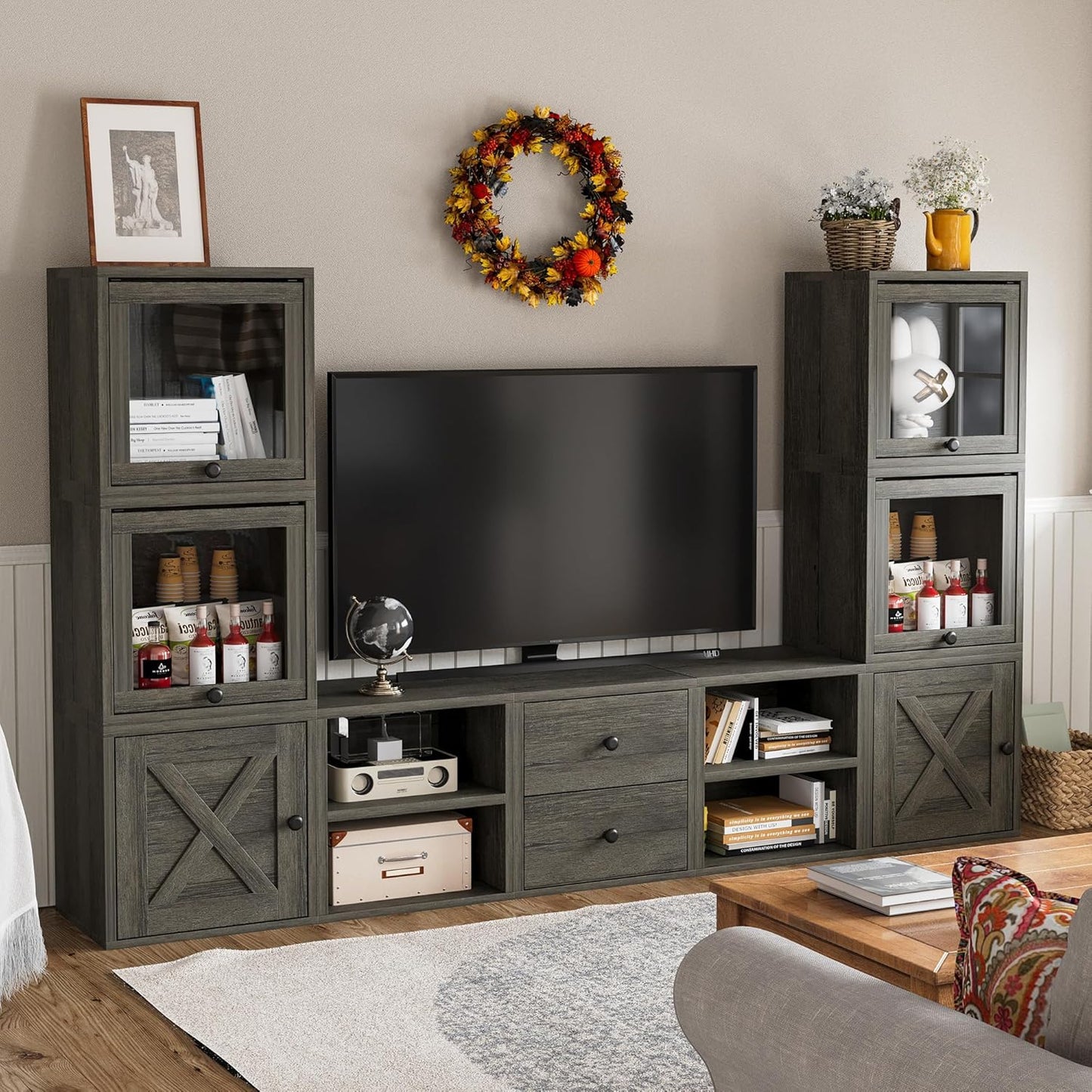 FUSUNBAO Magic DIY Cube Storage Organizer Stackable Cubes for Home Books Clothes Toy-Modular Cubby Storage System-Office Cubical-Bookcase Closet(French Oak, Glass Door Cube)