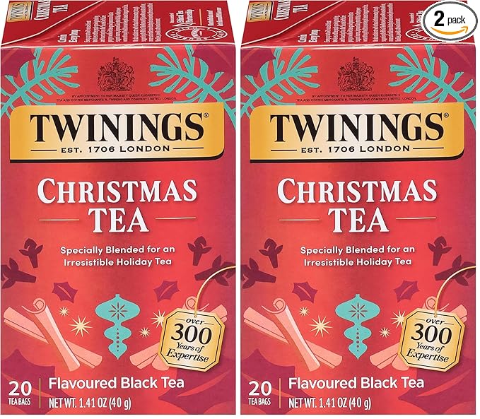 Twinings Christmas Black Tea Individually Wrapped Bags, 20 Count (Pack of 2), Aromatic Cinnamon & Clove, Caffeinated, Enjoy Hot or Iced, 20 Teabags