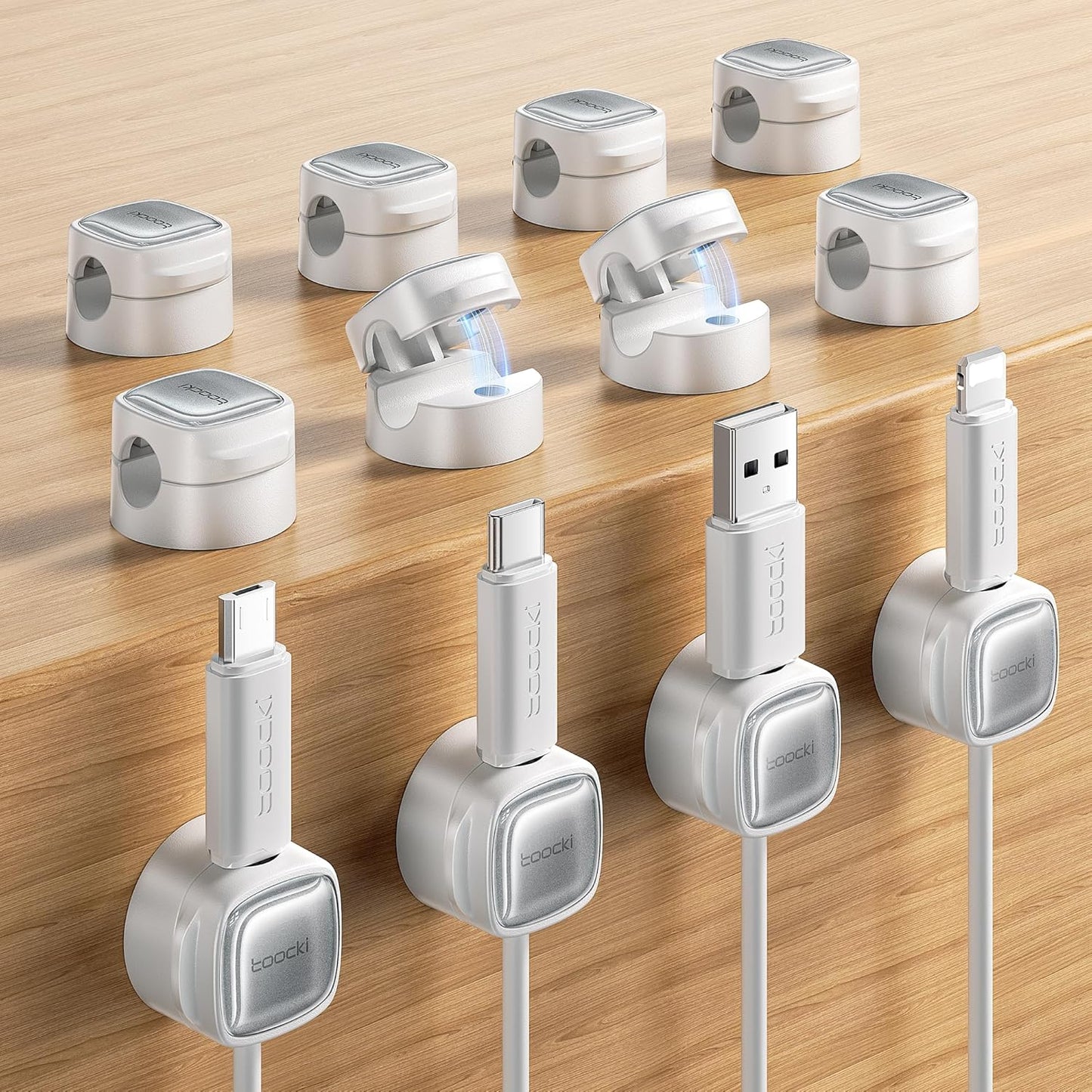 12 Pack Magnetic Cable Clips – Cord Organizer & Holder, Toocki Adhesive Cable Management, Wire Holder for USB Charging Cables, Ideal for Home, Office, Car, Desk, and Nightstand-White