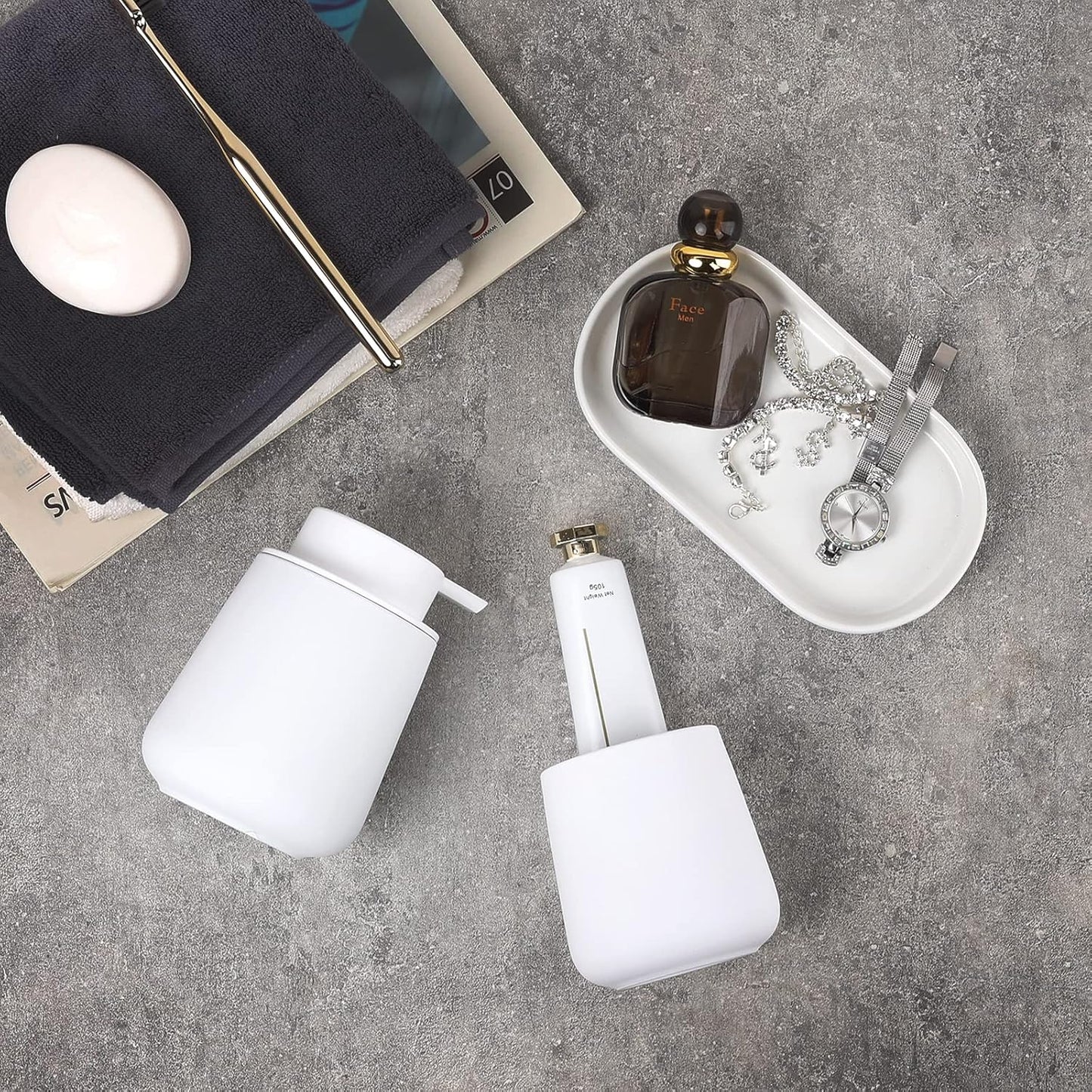 BosilunLife White Bathroom Accessory Set - 3 pcs Ceramic Bathroom Soap Dispenser Set Farmhouse Bathroom Decor Sets Accessories, Soap Dispenser and Toothbrush Holder, Tray (White Set - Liquid Pump)