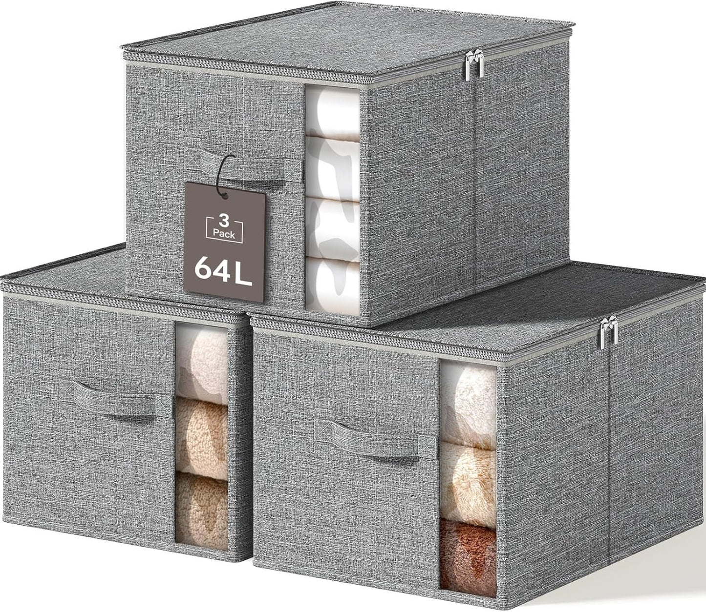 Large Clothes Storage Bins with Sturdy Frame, Foldable Clothing Organizer Box, Sweater Storage Cube with Lids and Zipper, Fabric Bedding Storage Bags for Blankets, Seasonal Clothes, Comforter