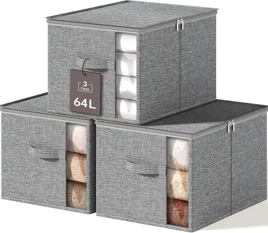 Large Clothes Storage Bins with Sturdy Frame, Foldable Clothing Organizer Box, Sweater Storage Cube with Lids and Zipper, Fabric Bedding Storage Bags for Blankets, Seasonal Clothes, Comforter