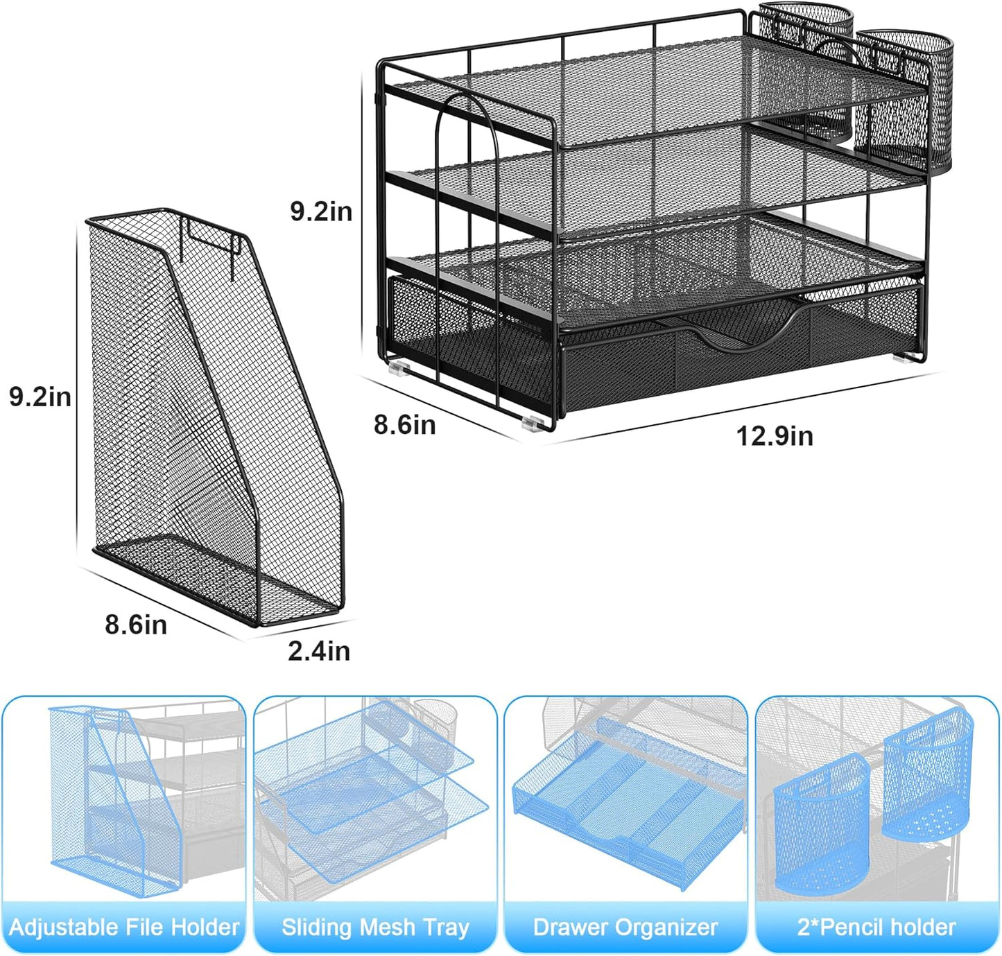 gianotter Desk Organizers and Accessories with File Holder, 4-Tier Desk Accessories & Workspace Organizers with Drawer and 2 Pen Holder, Paper Organizer for Office Supplies (Black)