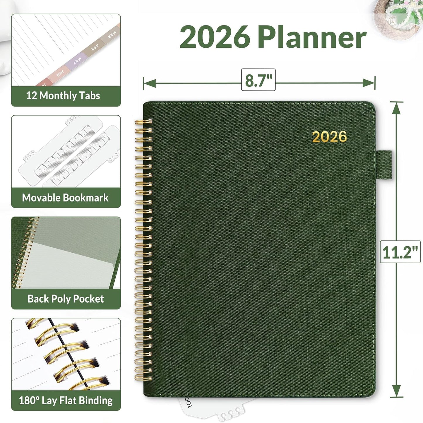 SUNEE 2026 Weekly & Monthly Planner 9"x11.2"- 12 Month (January 2026 - December 2026), Vegan Leather Cover, Pocket, Bookmark, Notes, Monthly Tab, Deep Green