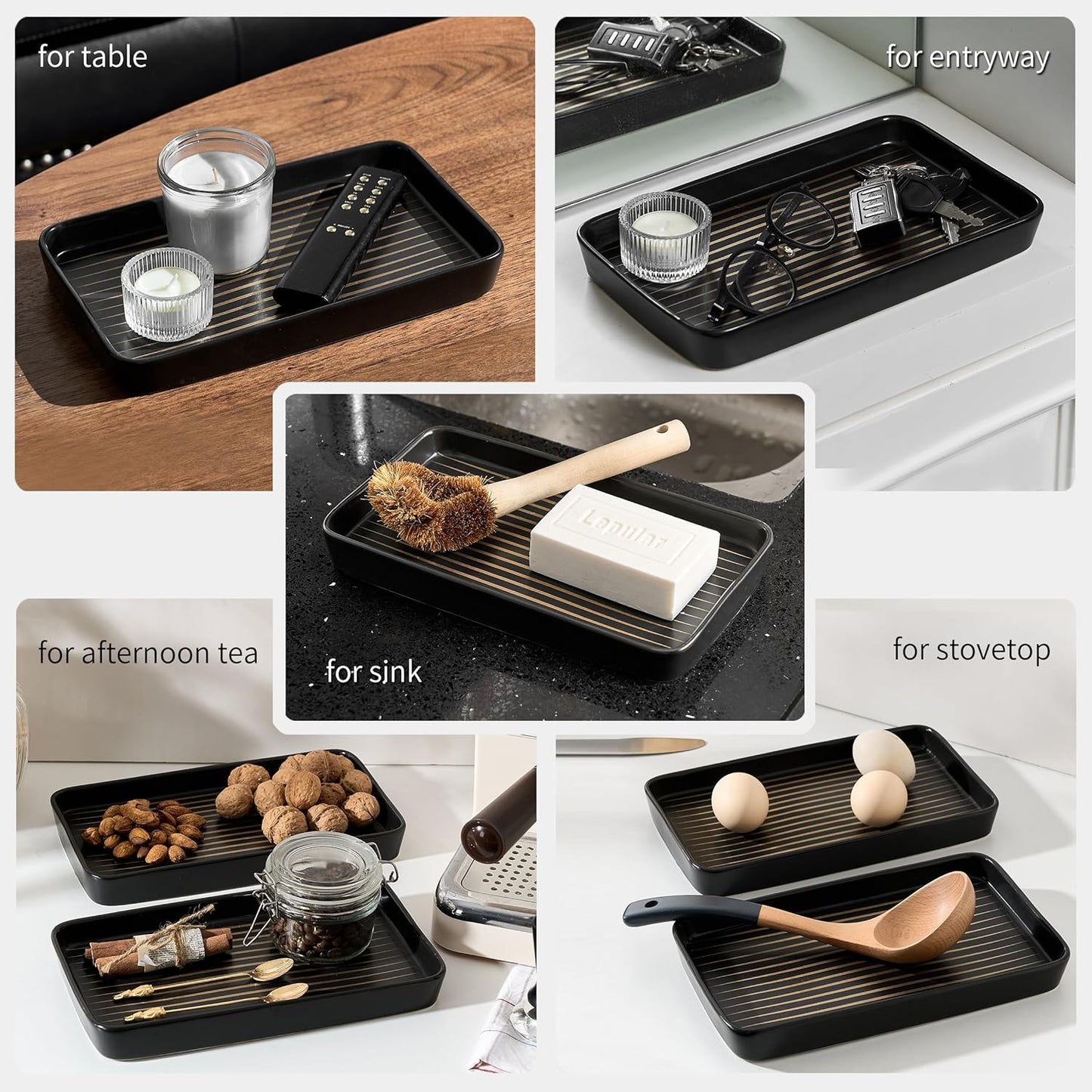 Bathroom Vanity Tray for Countertop,2PC Rectangle Striped Tray,Decorative Bathroom Organizer for Scrubber, Lotion Bottles, Perfume, Jewelry, Candle, Key Trinket Ring(Large,Black)