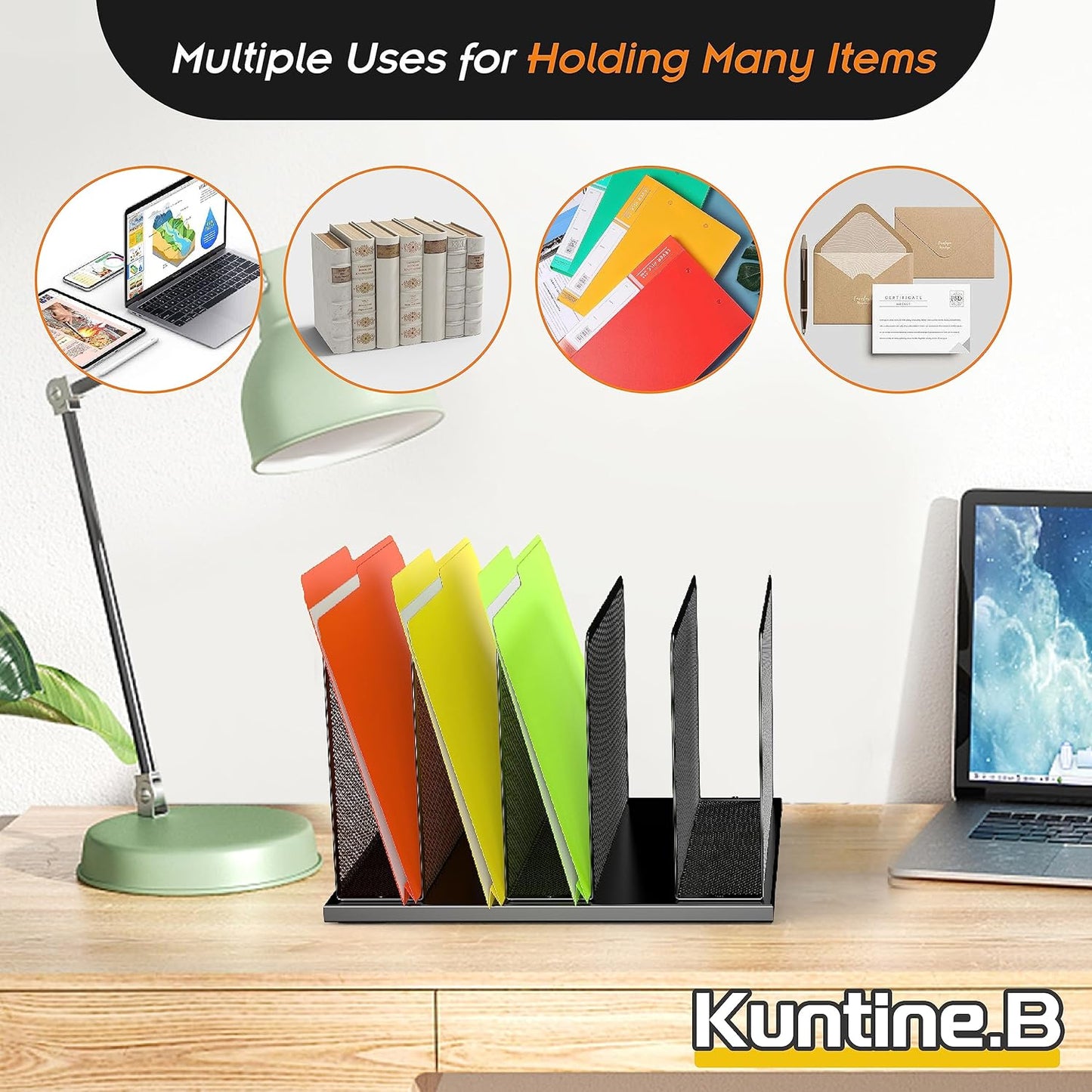 Kuntine.B Desk File Organizer 5 Upright Mesh Desktop Organizer File Sorter Office Organization File Holder for Home, Office & Classroom, 2 Pack