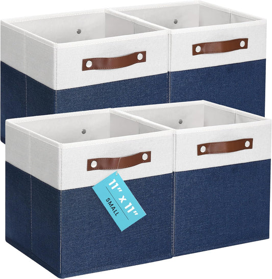 OrganiHaus 11" x 11" x 11" Fabric Cubes Storage Bins Set of 4, Foldable Collapsible Canvas Storage Bins for Organizer, Toy Organizer for Kallax, 11 Inch Linen Cube Shelf Baskets - Navy Blue