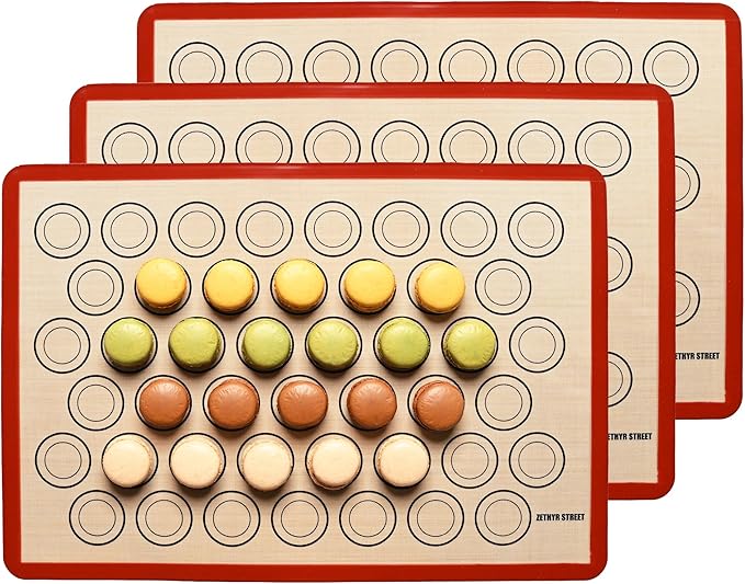 Macaron Silicone Baking Mats - Non-Stick Macaron Mat for Easy Baking | Heat Resistant & Dishwasher Safe Macaron Baking Mat | Reusable & Eco-Friendly, 3/4 Size - Pack of 3 - For Macarons Red Border