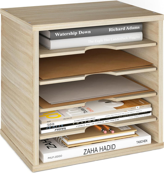 Ballucci Wood File Organizer Paper Sorter, 5 Tier Adjustable Shelves Office Desk Organizer 13 5/8" x 9 1/4" x 12", Brushed Wood