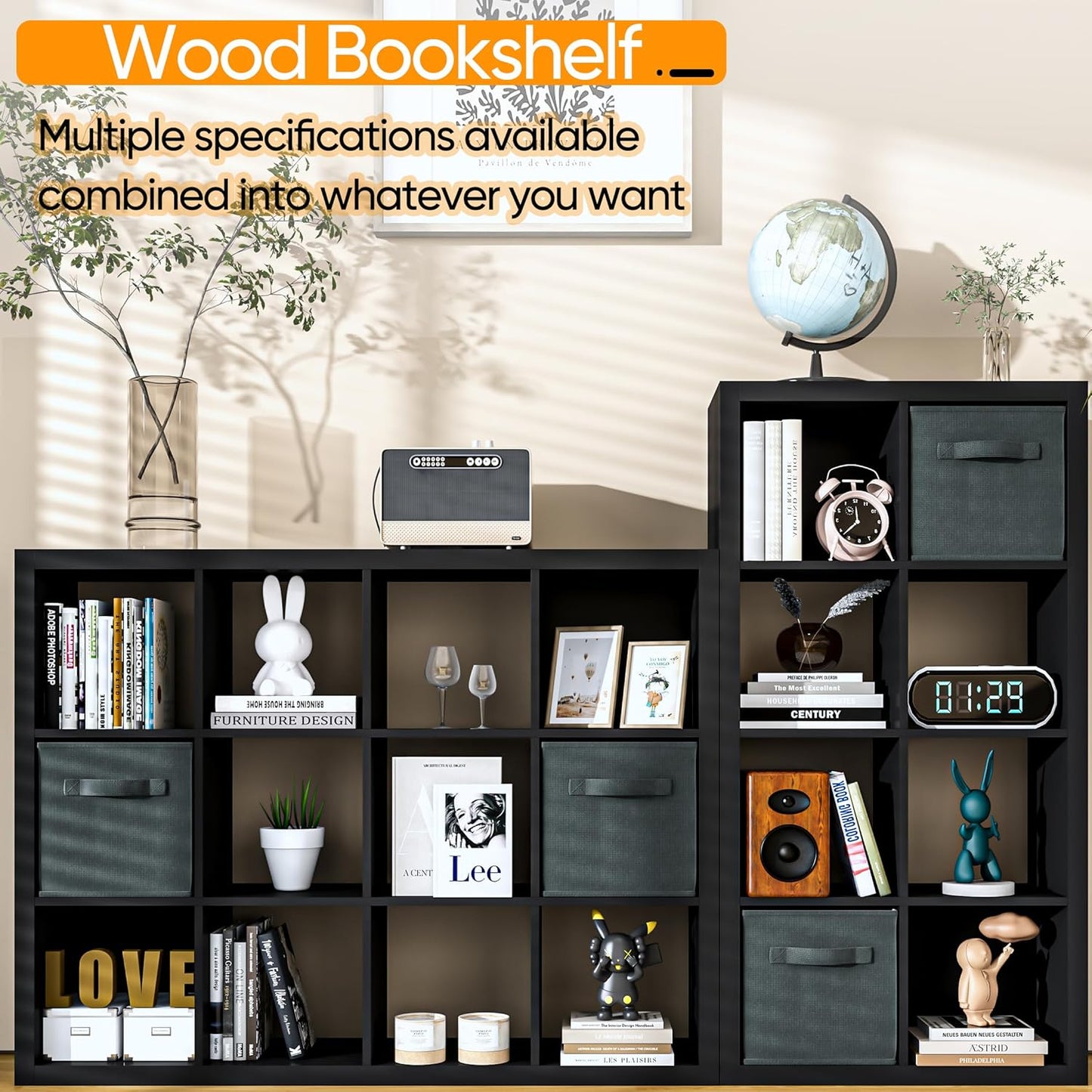 Bookshelf with Storage Bins, 9-Cube Storage Organizer Sturdy Wooden Bookcase Open Book Shelf, Multifunctional Cubicle Rack for Storage & Display, Furniture for Living Room Bedroom Office, Black