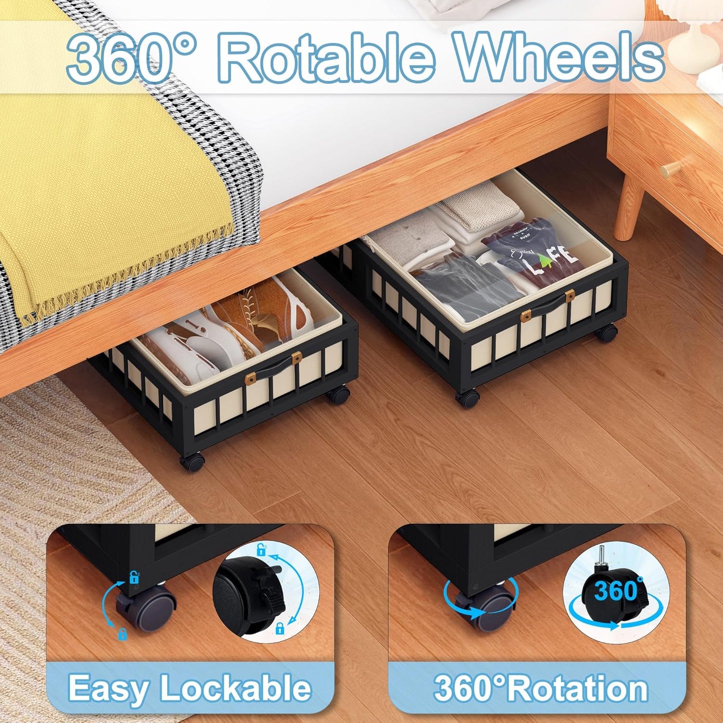 efluky 2-Pack Bamboo Under Bed Storage Containers with Wheels, Under Bed Clothes Storage Basket with Large Dust Bag, Rolling UnderBed Storage for Bedroom, Dorm and Basement, Black