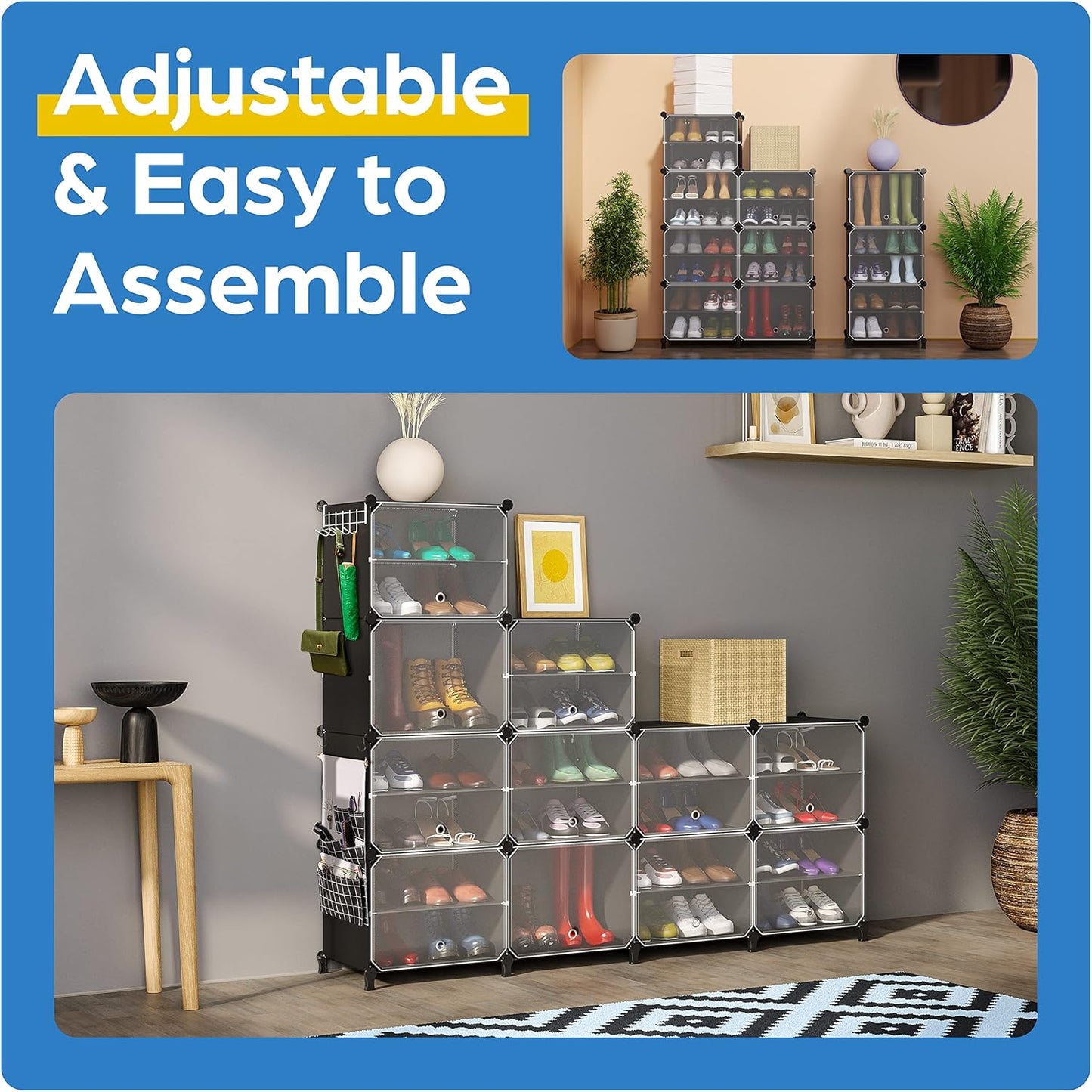 Shoe Organizer Cabinet Up to 48 Pairs, Shoe Closet-Covered Shoe Rack with See-Through Door (Clear, Plastic, Stackable) Cubby Portable Shoe Organizer with Covers, Hooks & Pockets, Black