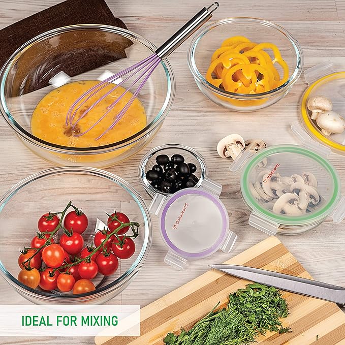 Set of 5 Stackable Space-Saving Nesting Glass Bowls with BPA Free Lids for Foodprep, Storage, Baking, Mixing & Cooking, Microwave Safe - Durable Inert Borosilicate Glass