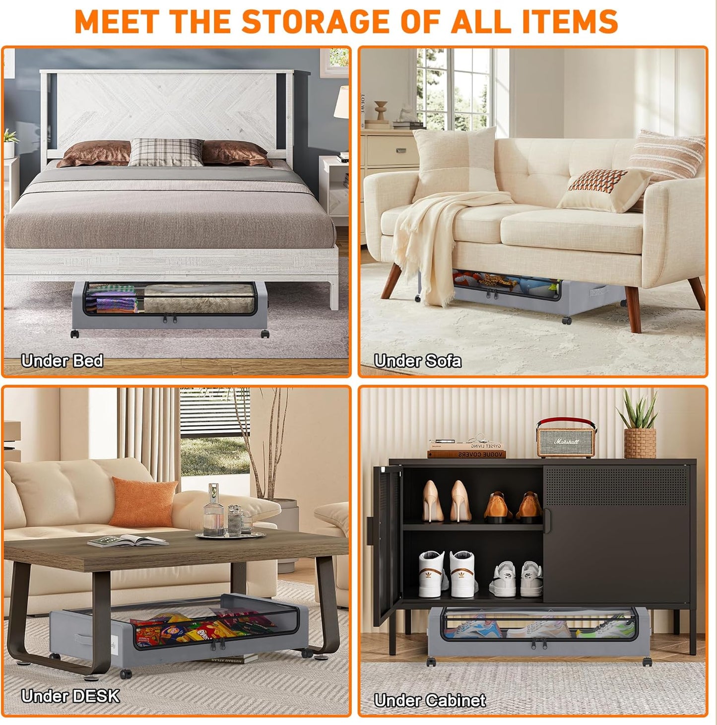 Under Bed Storage with Wheels, 2 Pack Under Bed Storage Containers with Dividers & Clear Lids, XXL 65L Under the bed storage Organizer Bins, Underbed Storage with Wheels for Clothes (Gray, 2 Pack)