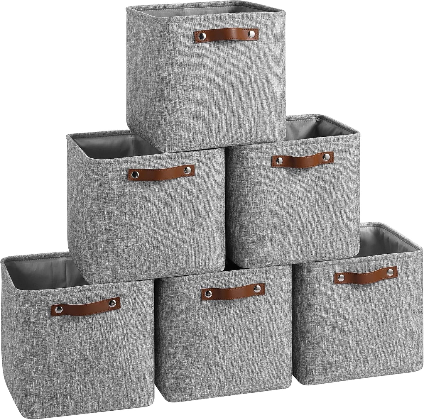 Cube Storage Baskets 6 Pack, 11x11 inch Foldable Cube Storage Bins with Leather Handles for Shelf Closet Nursery Toys (Gray)