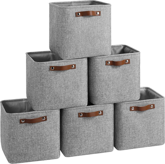 Cube Storage Baskets 6 Pack, 11x11 inch Foldable Cube Storage Bins with Leather Handles for Shelf Closet Nursery Toys (Gray)