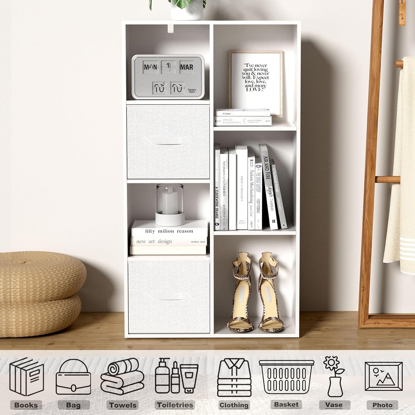 VAFHYLISS Cube Bookshelf, White Wooden Cube Storage Organizer, Freestanding Book Shelf, Cubby Shelf, Perfect Shelves for Bedroom, Kids Room, Closet, Classroom & Office (7-Cube)