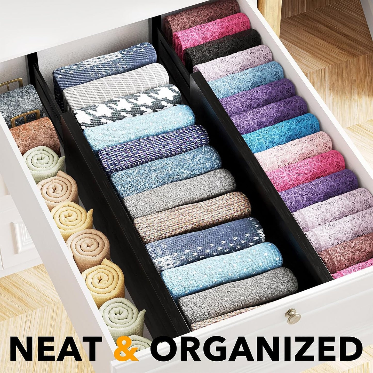 SpaceAid Bamboo 4 Pack Dresser Drawer Dividers, 4.65“ High Adjustable 17“-22” Drawer Organizers, Expandable Organization for Clothing, Clothes, Dressers, Black