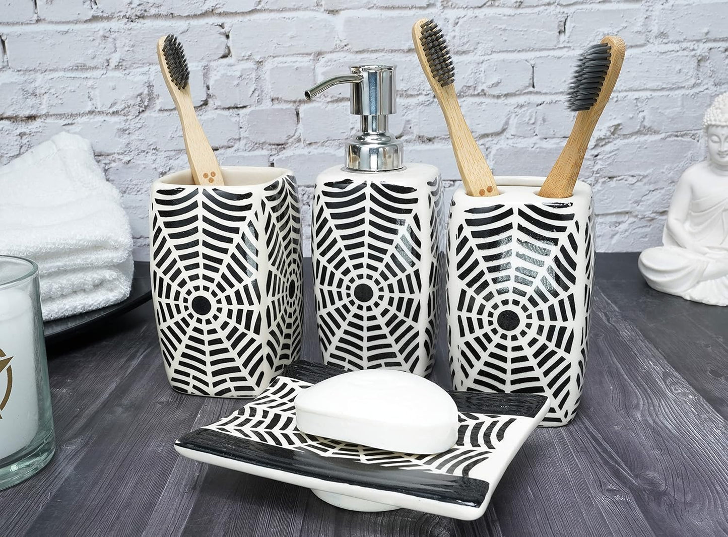 Handmade Ceramic Bathroom Accessories Set 4pcs India Pottery Vanity Complete Hand Paint, Countertop Accessory Set for Home Decor with Soap & Lotion Dispenser, Tumbler, Toothbrush Holder, Soap Dish