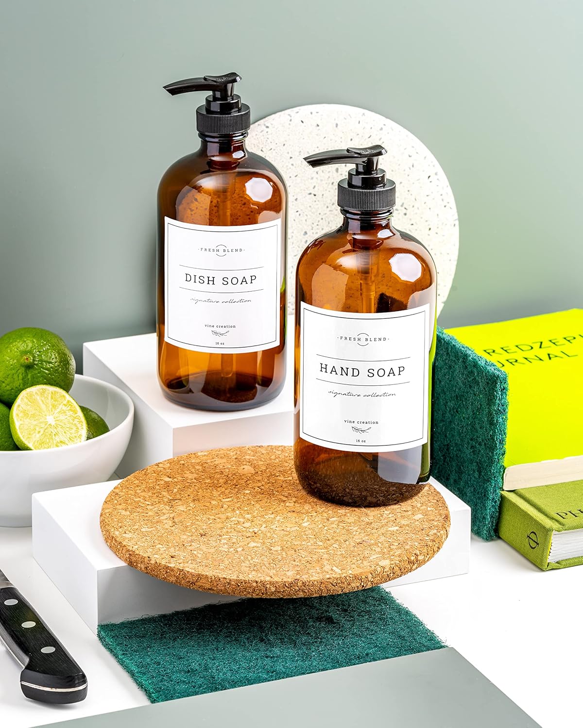 Vine Creations Amber Glass Soap Dispenser, 2 Pack Kitchen Soap Dispenser Set with Rustproof Pump, 16 oz Dish Soap and Hand Soap Dispensers for Bathroom with Waterproof Labels