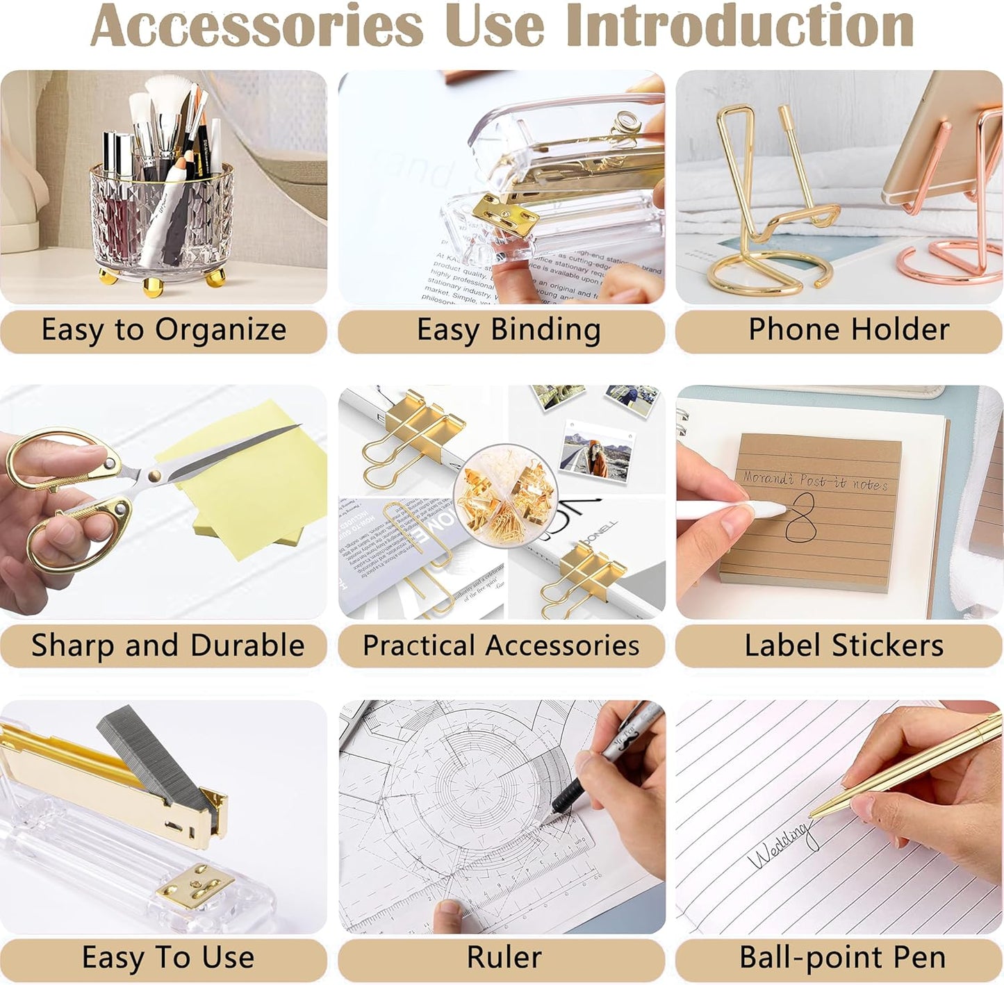 Gold Desk Accessories, Office Desk Organizers and Accessories 360°Pen Holder Acrylic Stapler Set, Phone Holder, Ballpoint Pen, Scissor, Binder Clips, Ruler, Transparent Glue, Sticky Note and Staples.