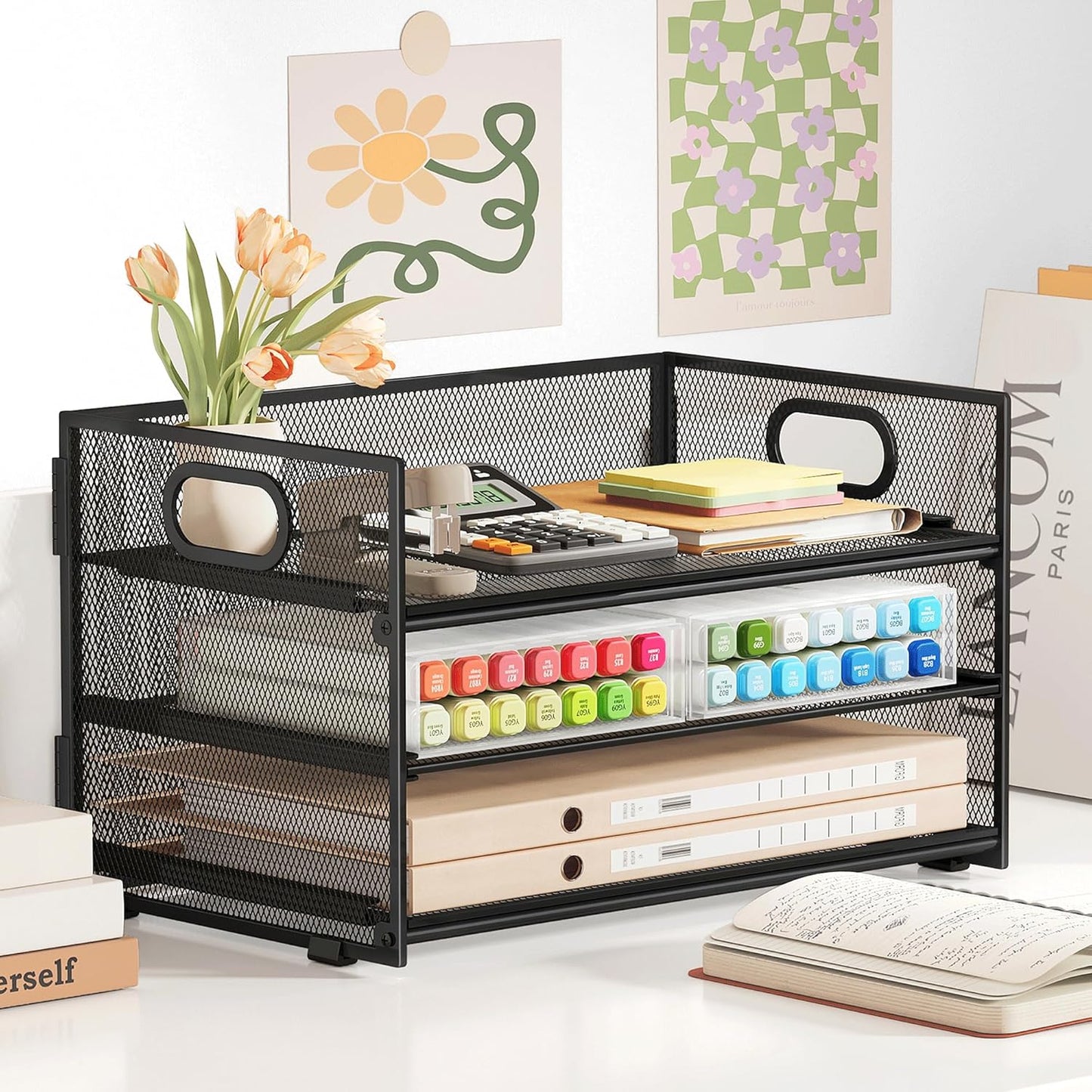 Subekyu 3 Tier Paper Letter Tray Organizer for Desk, Black Metal Mesh Desk File Folder Sorter Organizer with Handle and Sliding Tray for Home, Office, School Supplies Organization Storage