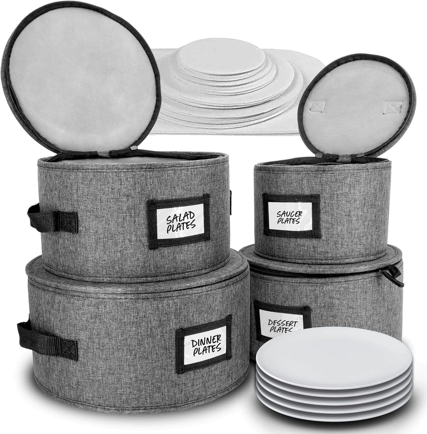 HOMELUX THEORY Hard Shell China Storage Containers for Dishes, 4pcs Plate Storage Containers with Lid, Heavy Duty Dish and Dinnerware Storage with 48 Felt Pads, Kitchen Organizers and Storage