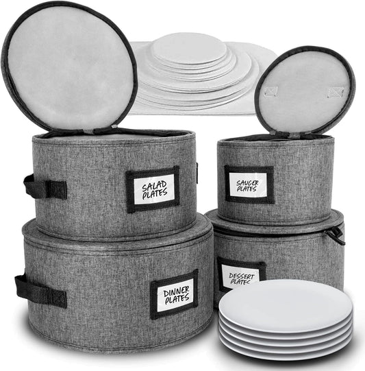 HOMELUX THEORY Hard Shell China Storage Containers for Dishes, 4pcs Plate Storage Containers with Lid, Heavy Duty Dish and Dinnerware Storage with 48 Felt Pads, Kitchen Organizers and Storage