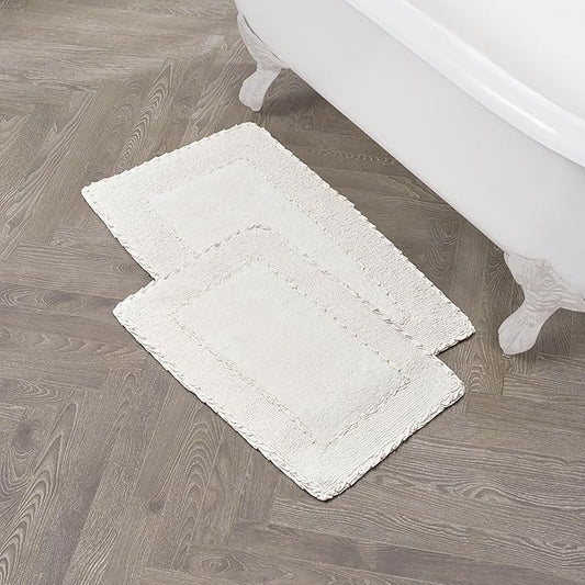 Laura Ashley Ruffle Border Ivory 17" x 24"/ 20" x 32" 100% Cotton Bath Rug Set