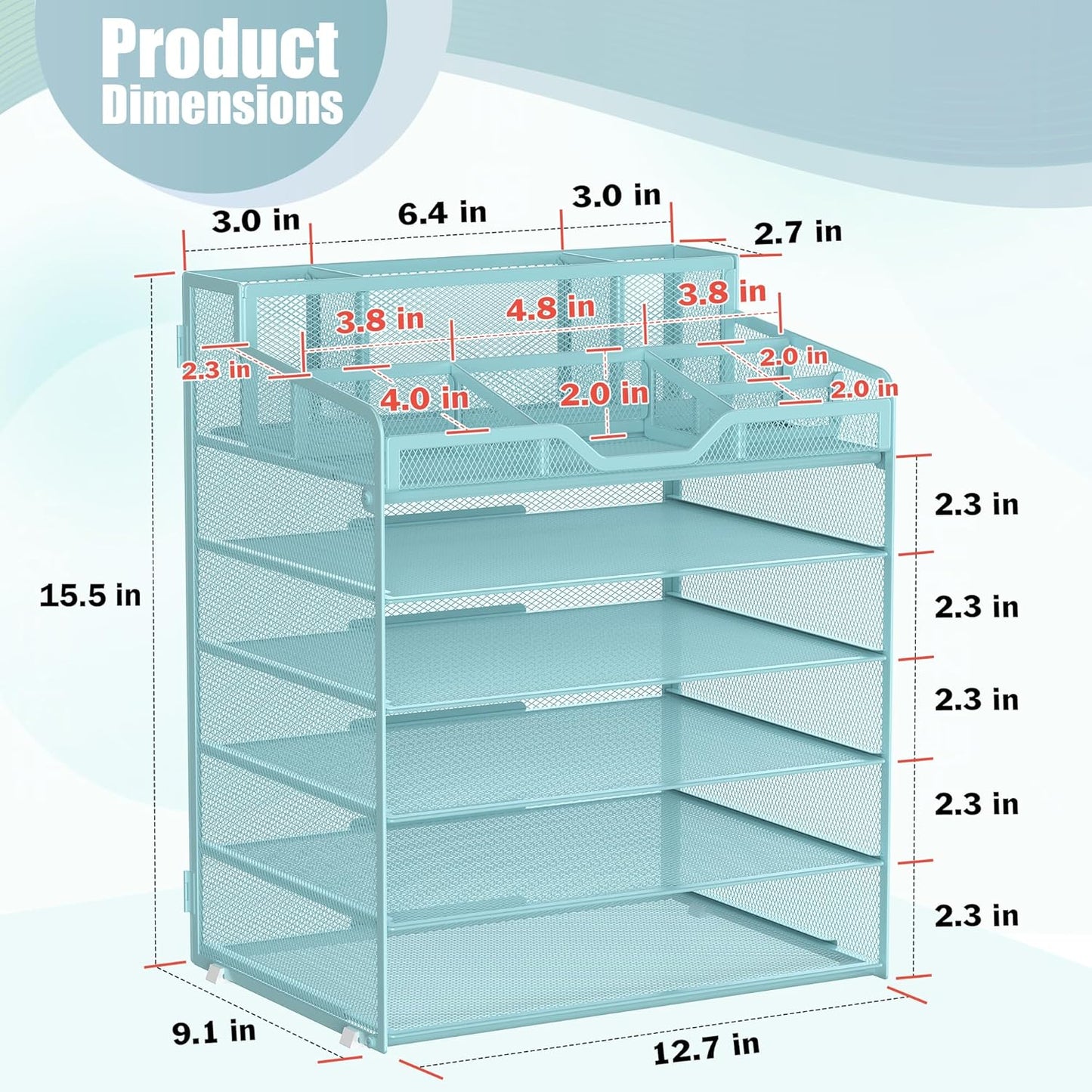 Docnest 6 Tier Mesh Desk Organizer for Paper Office Supplies – Multi-Functional Letter Tray with 5 Adjustable Compartments, 3 Pen Holders, Desktop Storage for Files, Mail, Stationery – Blue