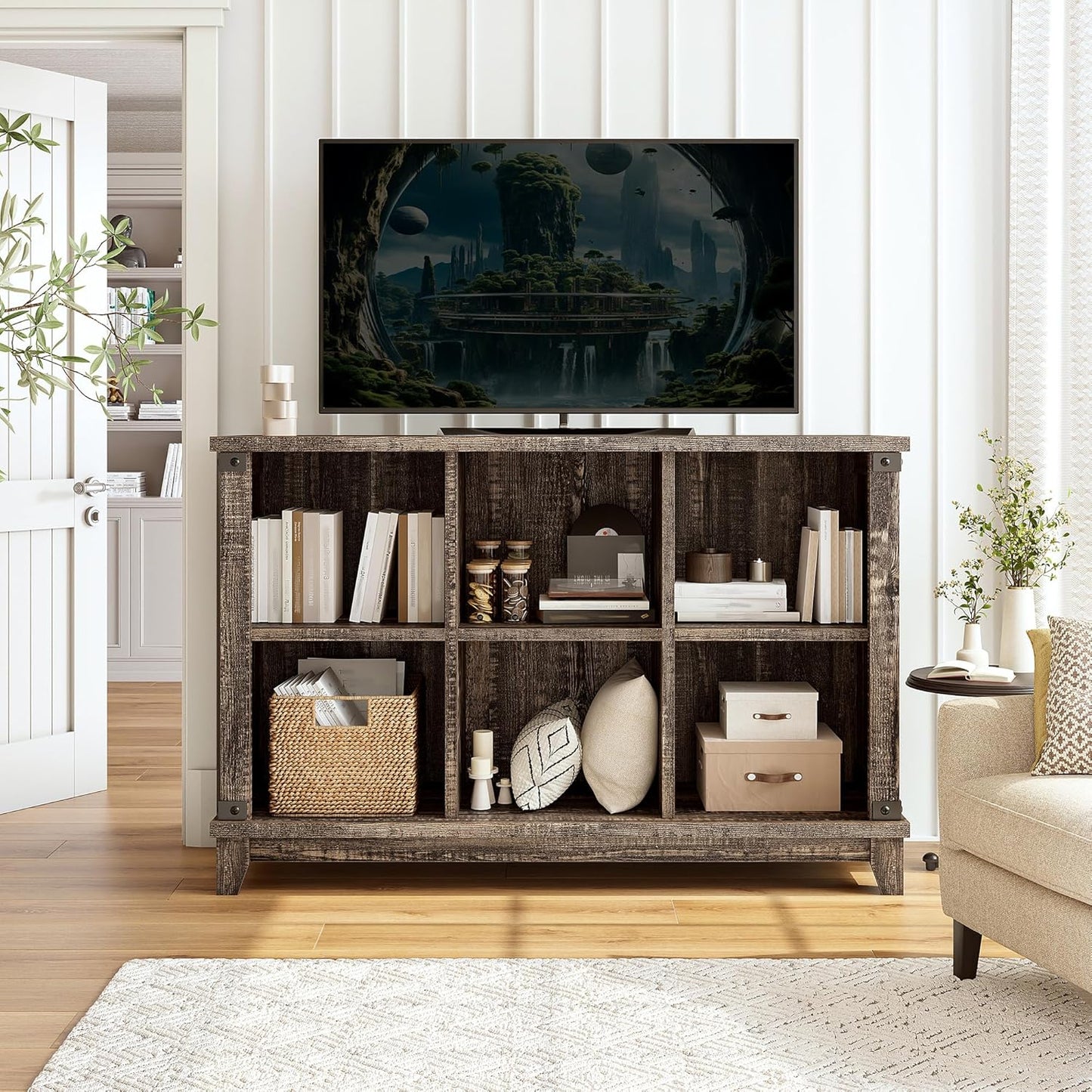 EnHomee 6 Cube Storage Organizer Bookshelf, Wood Cube Shelf Bookcase with Storage, Bookshelf for Living Room and Bedroom,Black Oak