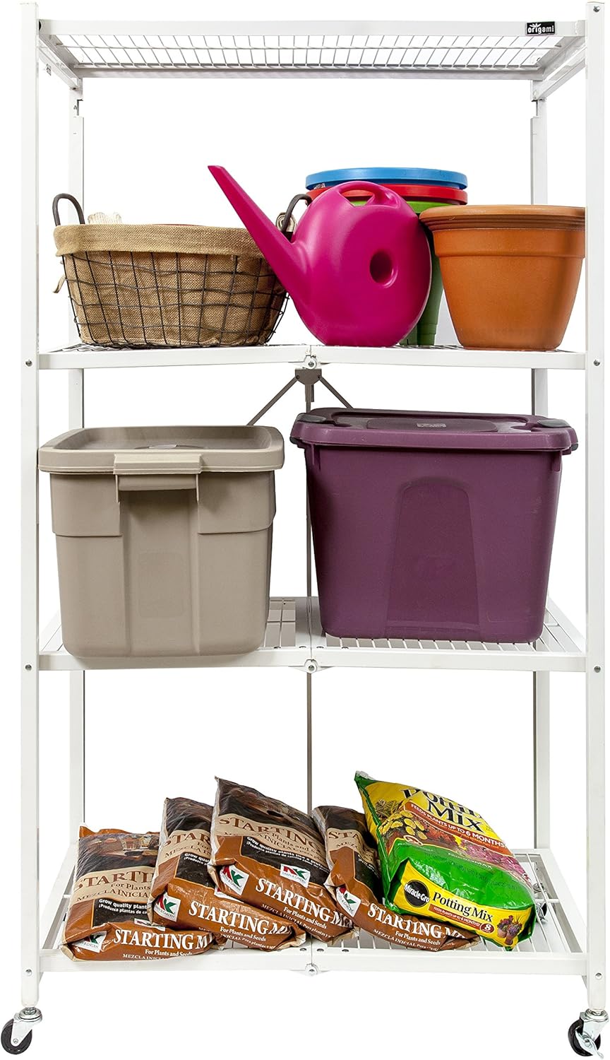 Origami 3-Pack R5 Storage Rack, 4-Tier Heavy-Duty Foldable Steel Shelf with Wheels, White