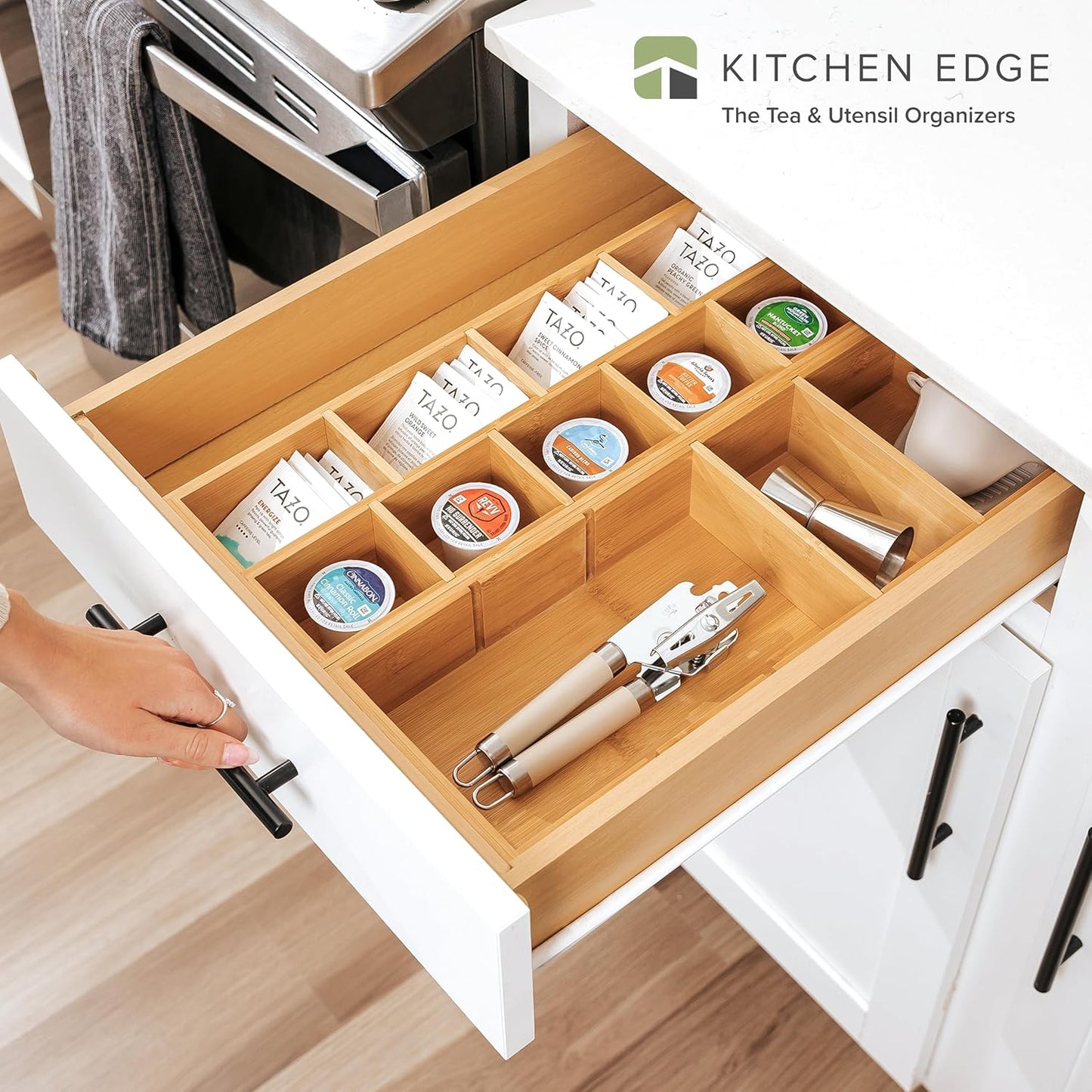 KitchenEdge Premium Utensils and Tea Bag Drawer Organizers – 14-Compartment Design with Removable Dividers, Non-Slip Feet, 100% Sustainable Bamboo, 2 Pack