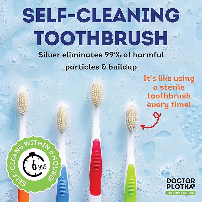 MOUTHWATCHERS Soft Flossing Toothbrushes, Family Pack, 2 Adult & 2 Kids, Ultra Clean Manual Toothbrush Set for Sensitive Teeth & Gums, by Dr. Plotka, Assorted Colors