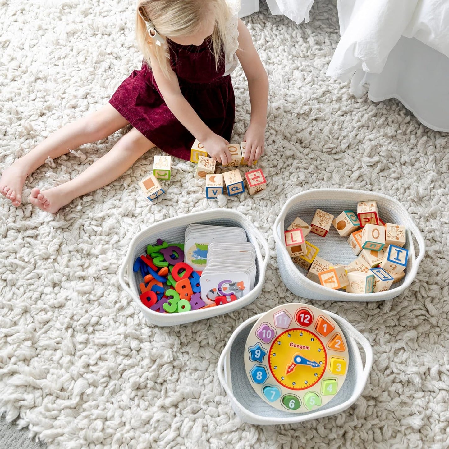 NaturalCozy 5-Piece Rectangle Storage Basket Set- Natural Cotton Rope Woven Baskets for Organizing! Small Basket for Montessori, Baby Nursery, Dog Toy Baskets, Cat Toy Box, Bathroom Organization Bin