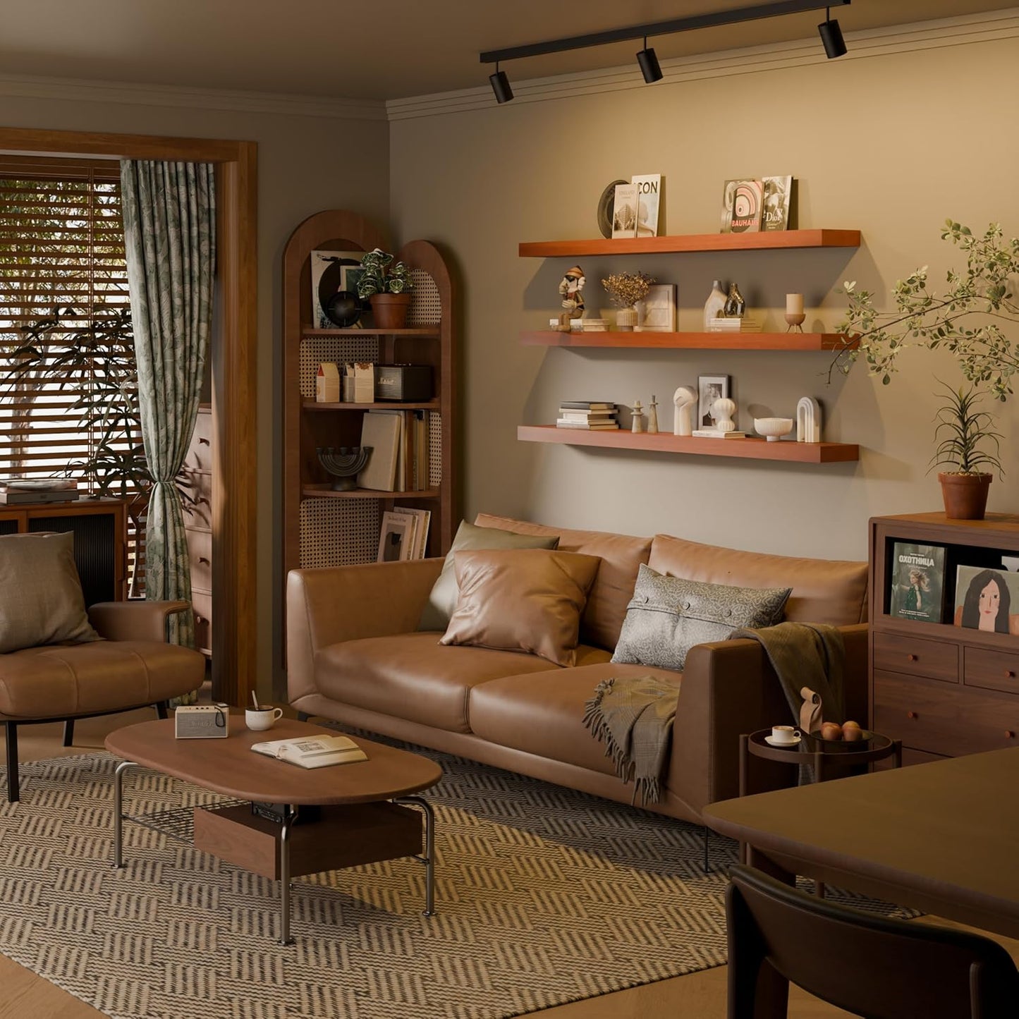 Floating Shelves for Wall, 72 Inch Extra Long Brown Wall Shelves, Set of 3, Hanging Invisible Brackets Floating Shelves for Living Room,Bedroom,and Kitchen (Brown, 3T72IN)