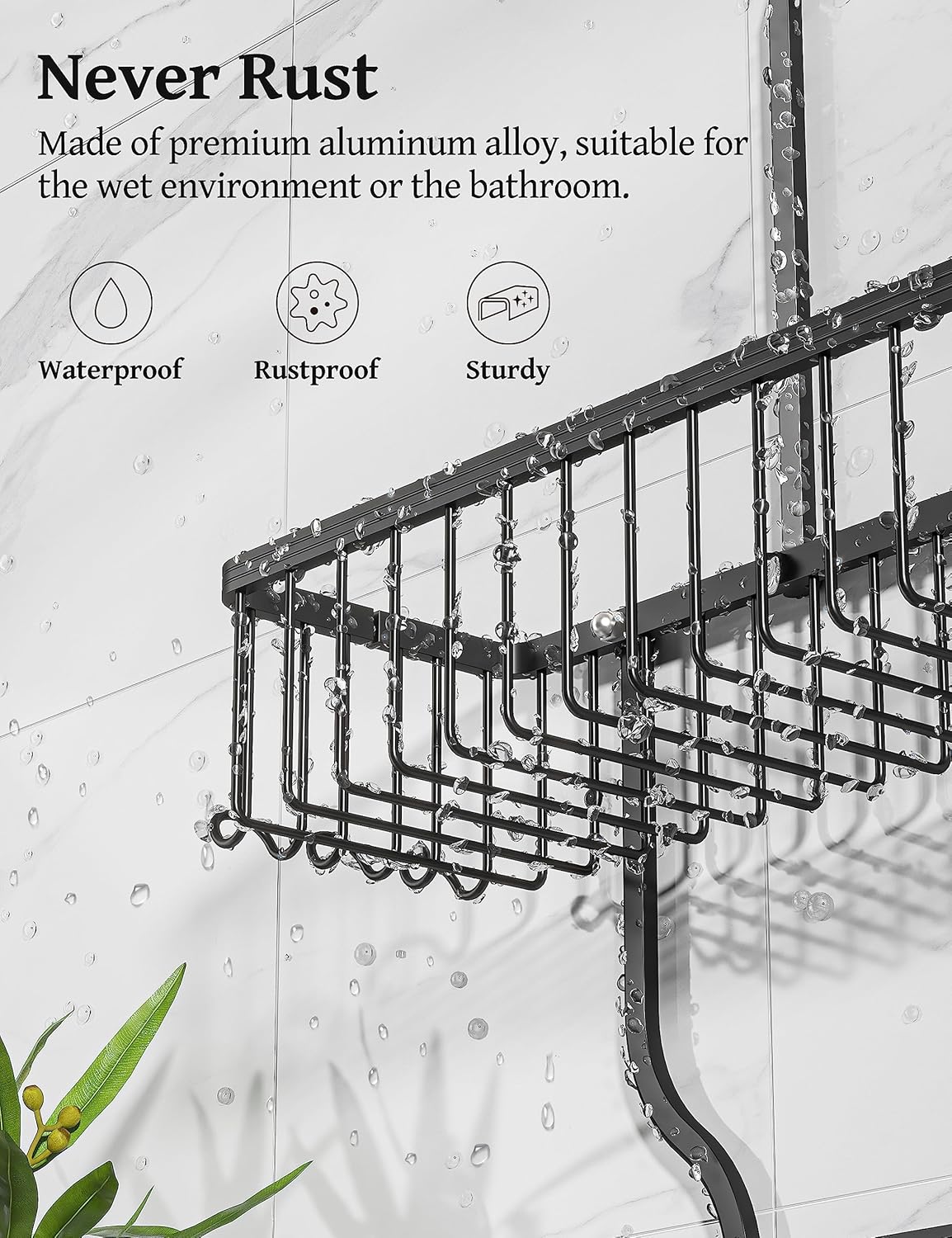 YASONIC Shower Caddy Over Shower Head Never Rust Aluminum Large Hanging Shower Caddy with 10 Hooks for Razor/Sponge - Over The Shower Head Caddy with Soap Basket - Hanging Shower Organizer Black