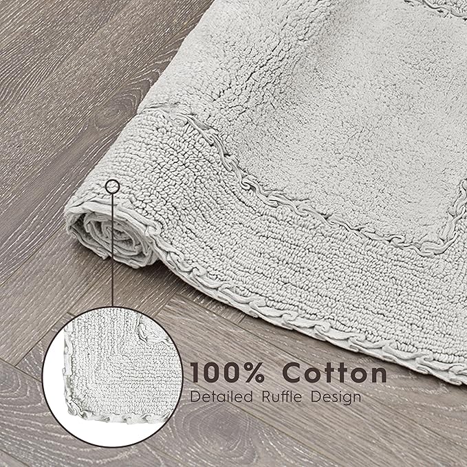 Laura Ashley Ruffle Border 100% Cotton Bath Rug Set, Light Grey, 17" x 24"/ 20" x 32"