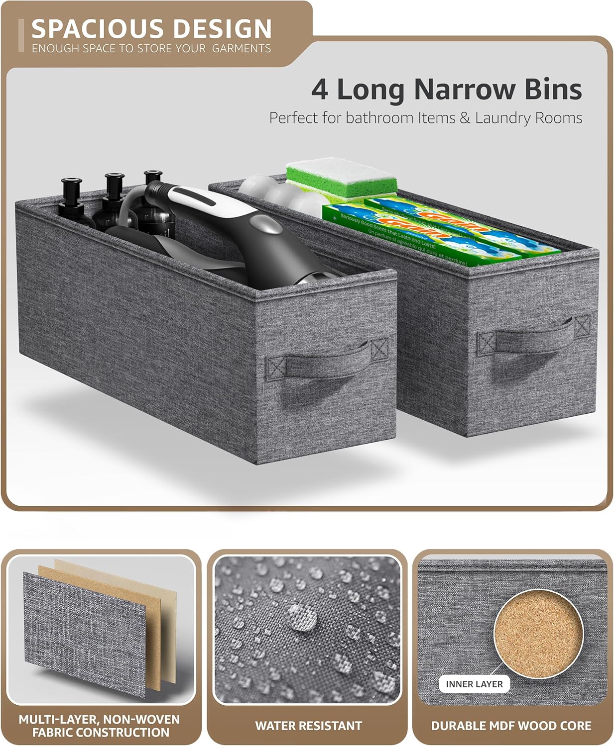 Sorbus Narrow Dresser with 4 Drawers - Vertical Slim Storage Chest of Drawers with Steel Frame, Wood Top & Easy Pull Fabric Bins for Small Spaces, Closets, Bedroom, Bathroom & Laundry (Gray)