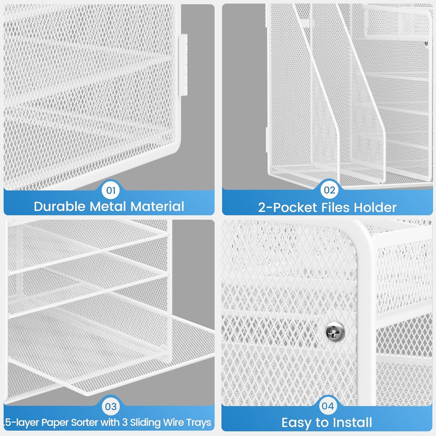 Lavatino 5-Tier Desk Organizer with 2 File Holders, Metal Adjustable Paper Letter Tray for Office or Home Desk Organizers and Accessories | 7 Flexible Dividers Keep Workspace Supplies Neat, White