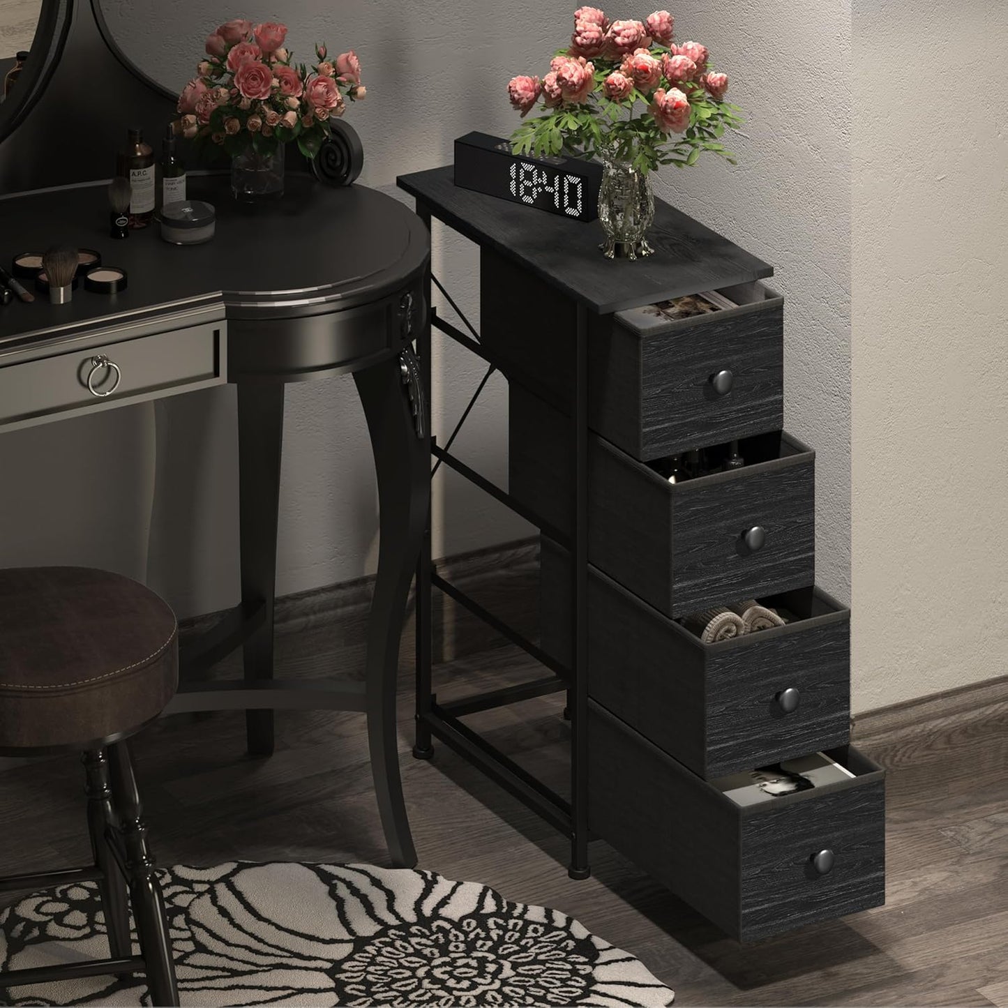 GiftGo Narrow Dresser Vertical Slim Dresser Chest of Drawers Skinny Storage Tower for Small Spaces Gaps Closet Bedroom Bathroom Small Fabric Drawer Unit (Charcoal Black, 4 Drawers)
