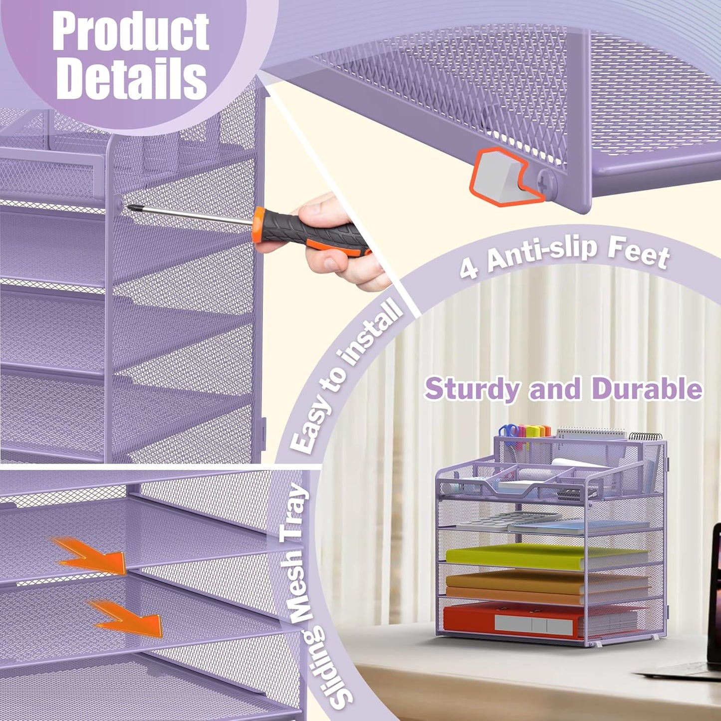 Docnest 5 Tier Mesh Desk Organizer for Paper Office Supplies – Multi-Functional Letter Tray with 5 Adjustable Compartments, 3 Pen Holders, Desktop Storage for Files, Mail, Stationery – Purple