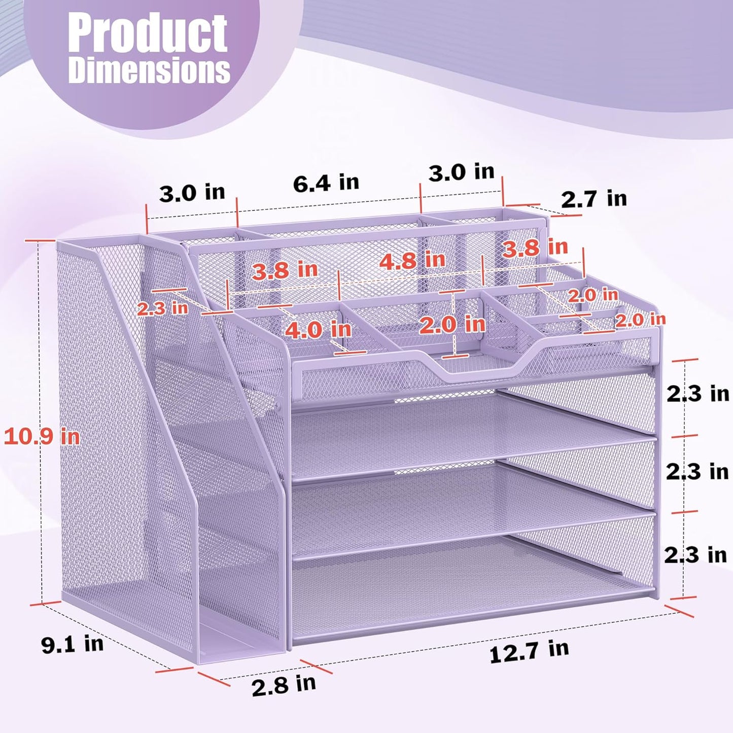 Docnest 4 Tier Mesh Desk Organizer with File Holder – Multi-Functional Paper Letter Tray with 5 Adjustable Compartments, 3 Pen Holders, Desktop Storage for Files, Mail, Stationery – Purple