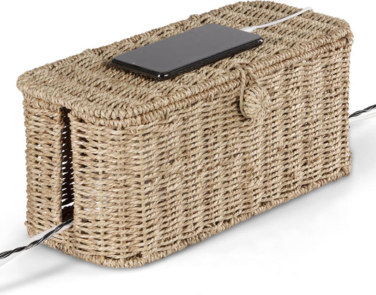BLUEWEST Large Cable Management Box, Natural Rattan Cable Cord Organizer Boxes for Power Strip – 2 Open Slots Cords Hider Box for TV Wires, Computer, Router, USB Hub and Under Desk Power Strip
